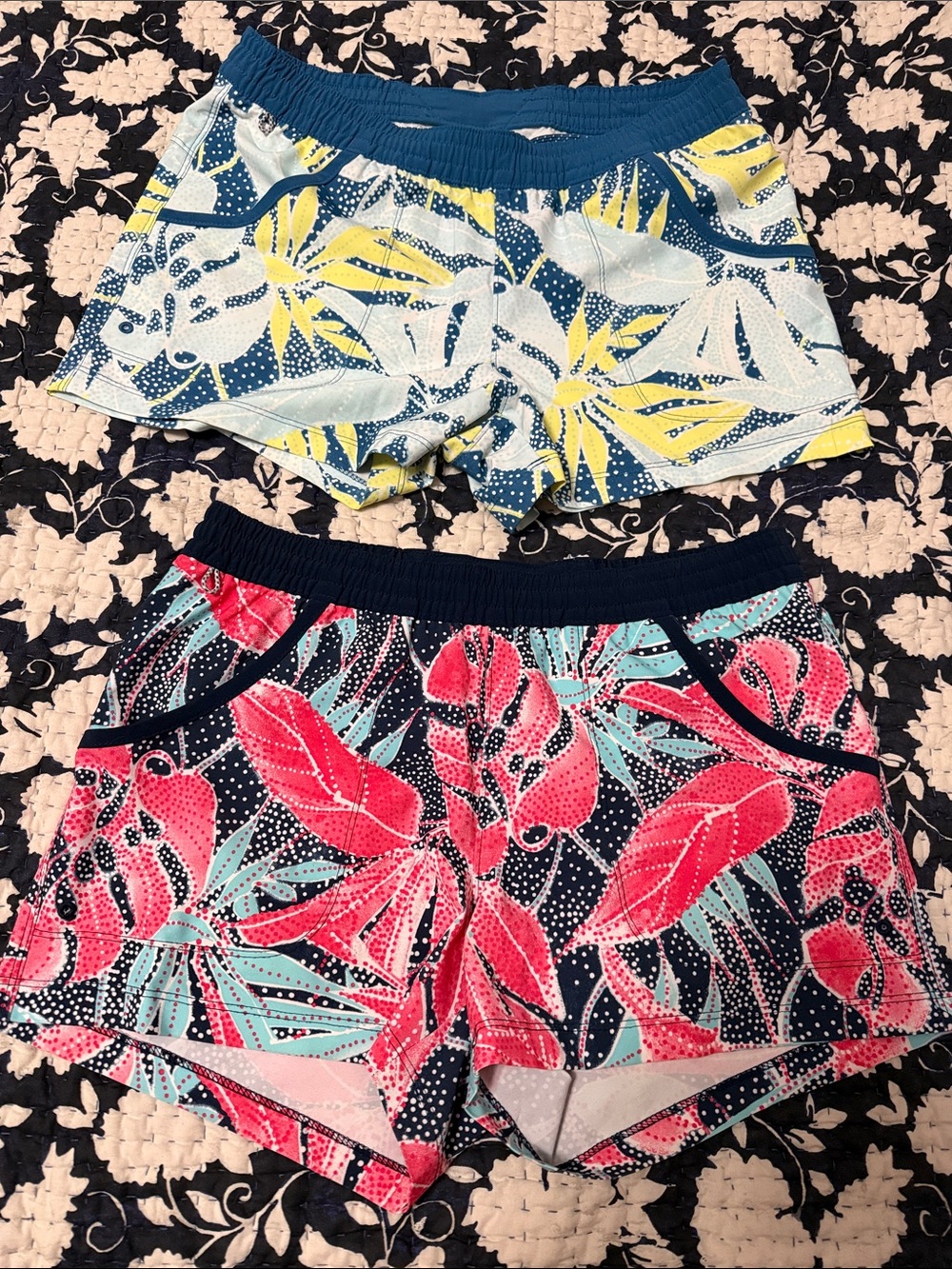 Columbia Tropical Print Athletic Shorts Duo - Blue/Yellow & Navy/Coral